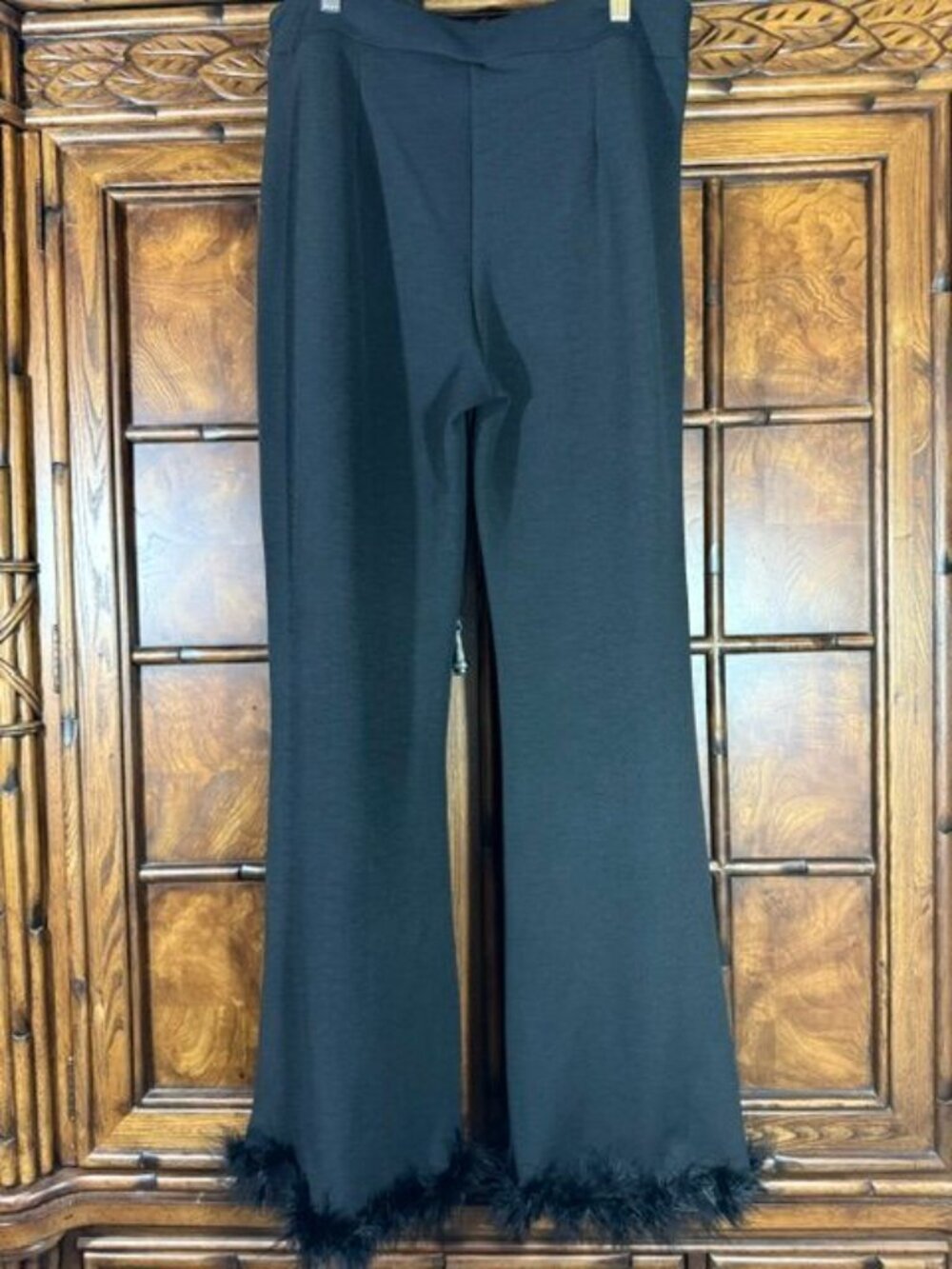 Shein Black Feather Trim Front Seam Front Slit Stretch Crepe Pant - Picture 6 of 10